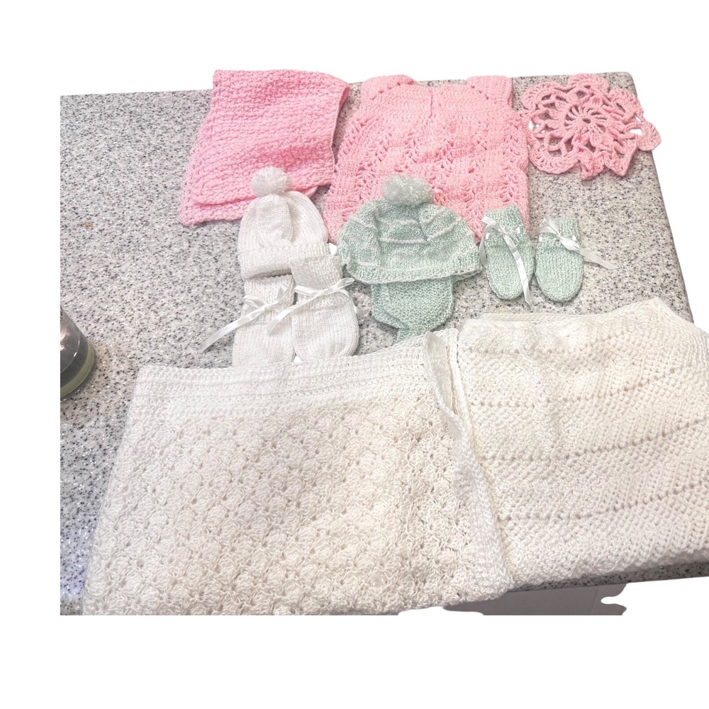 Handmade 11pc Vintage Crochet Knit Baby Layette Blankets‎ Dress Hats  Handmade